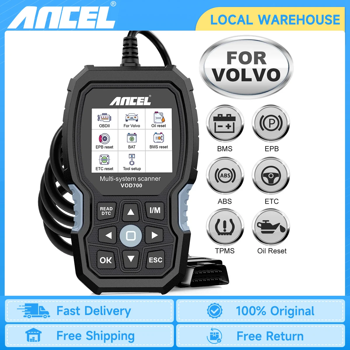 ANCEL VOD700 OBD2 Scanner ABS Bleeding Injector Oil ETC BMS EPB TPMS DPF Reset for Volvo Car Code Reader Diagnostic Scan Tool