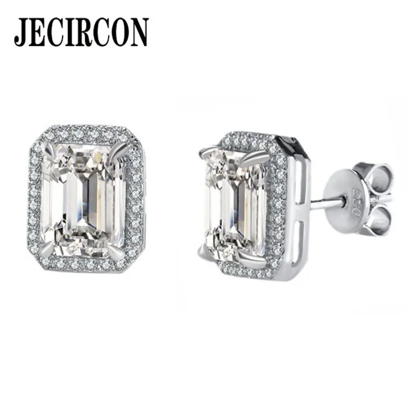 

JECIRCON S925 Sterling Silver Moissanite Stud Earrings for Women Rectangular Emerald Cut Simple 2 Carat Wedding Party Jewelry