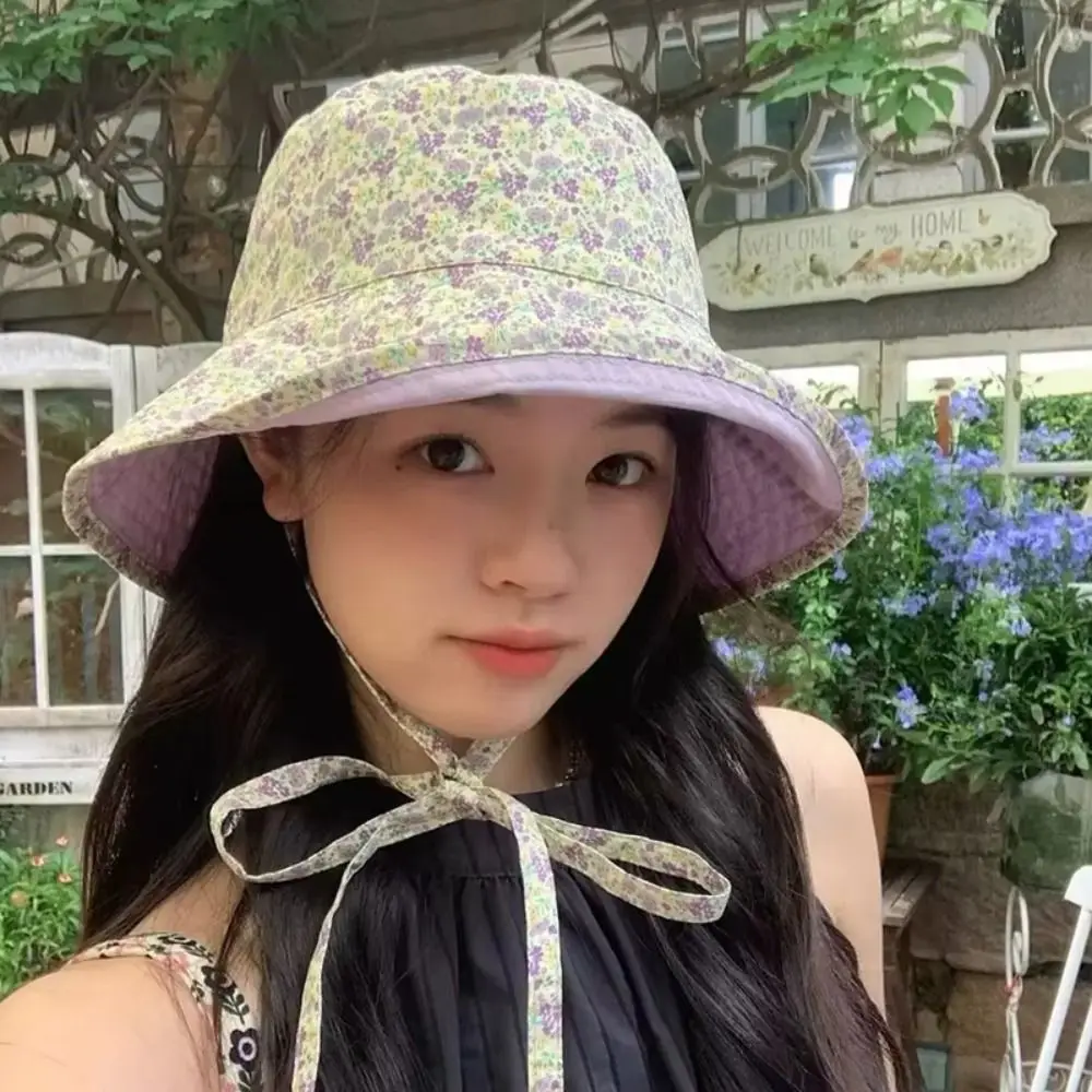 Floral Print Panama Bucket Hats Double Sided Reversible Women Fisherman Hat Cute Sweet Sun Protection Summer Sun Hats