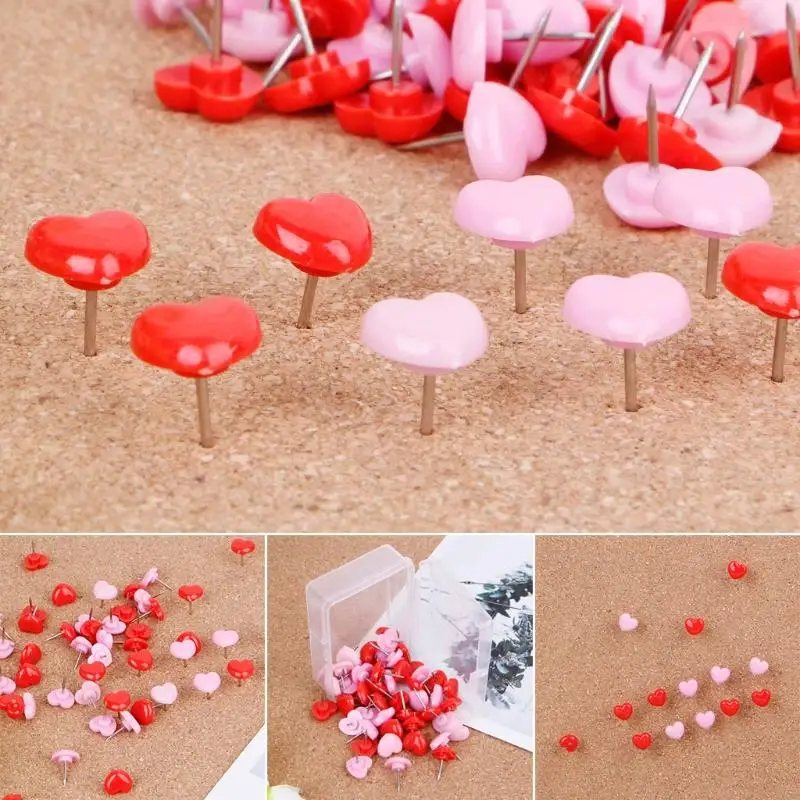 W89C 50 PCS شكل قلب شكل بلاستيكي دبابيس دبابيس دبابيس Thumbtacks Office School