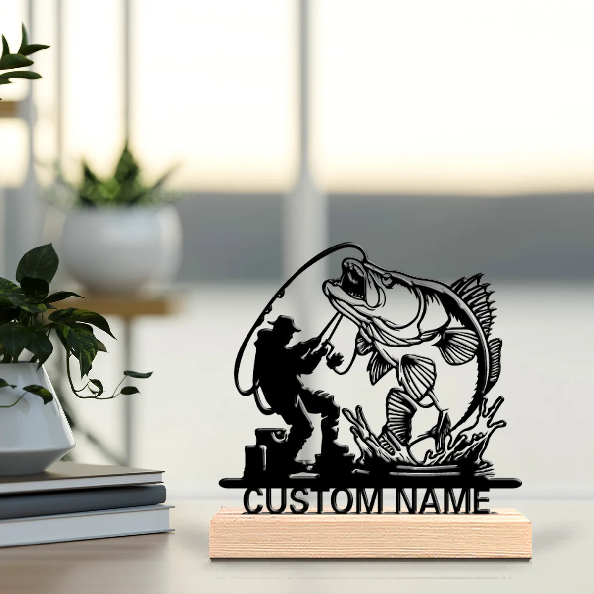 1pc Beauty Personalized Custom Fishing Metal Statues Fishing Enthusiast Gift With Wooden Stand Suitable For Office Bedroom And