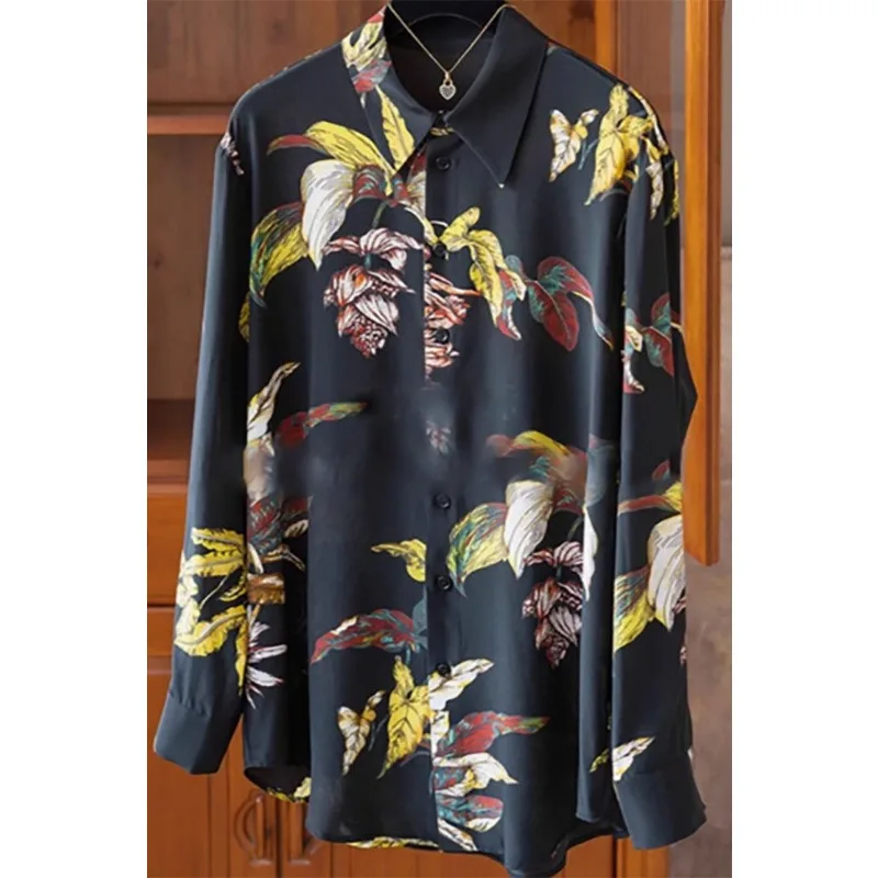 

Chiffon Retro Temperament Printed Top Women's Spring POLO Collar Commuting Shirt