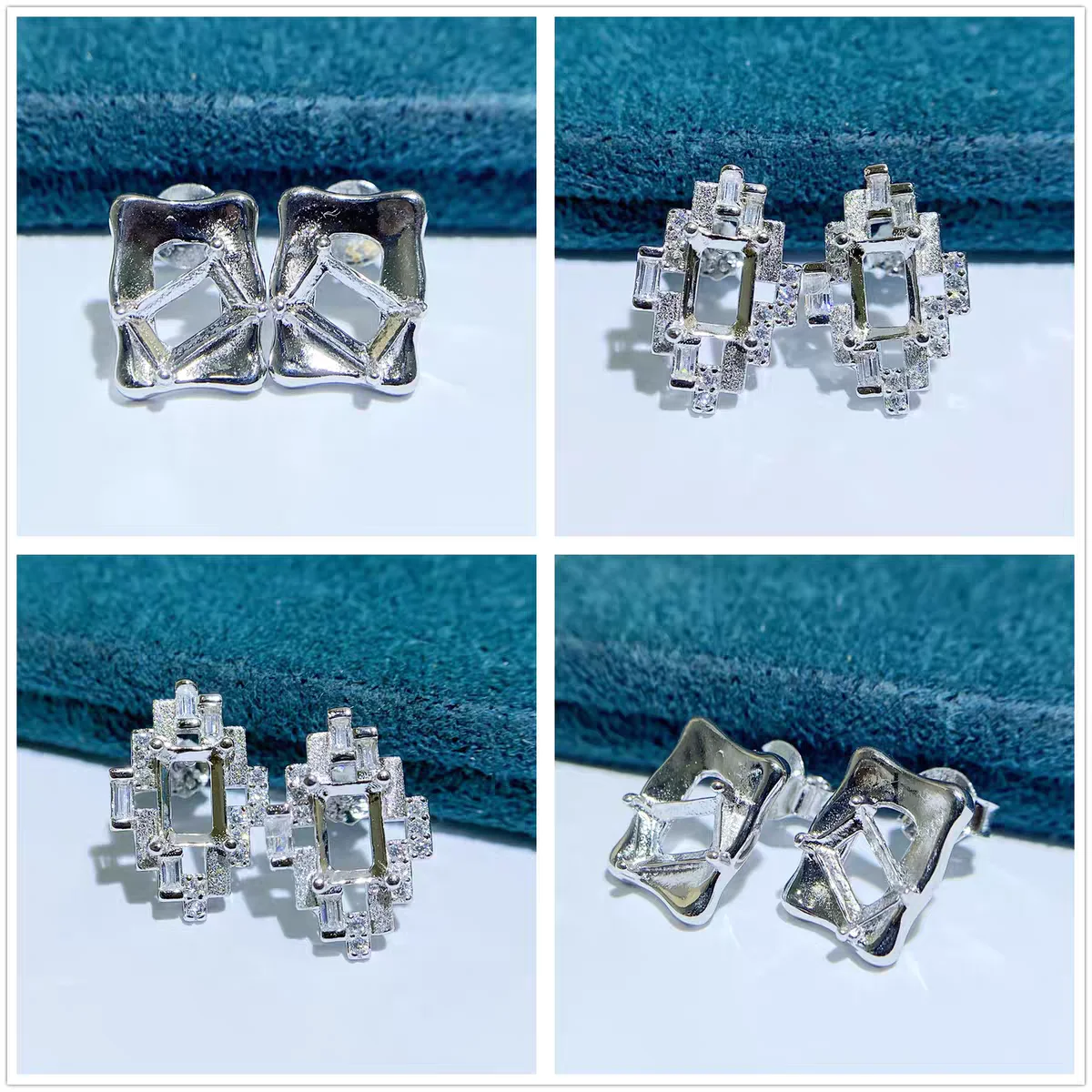 MeiBaPJ 4mm*6mm Rectangle Stones DIY 925 Silver Empty Setting Fashion Zircons Stud Earrings Fine Charm Wedding Jewelry for Women