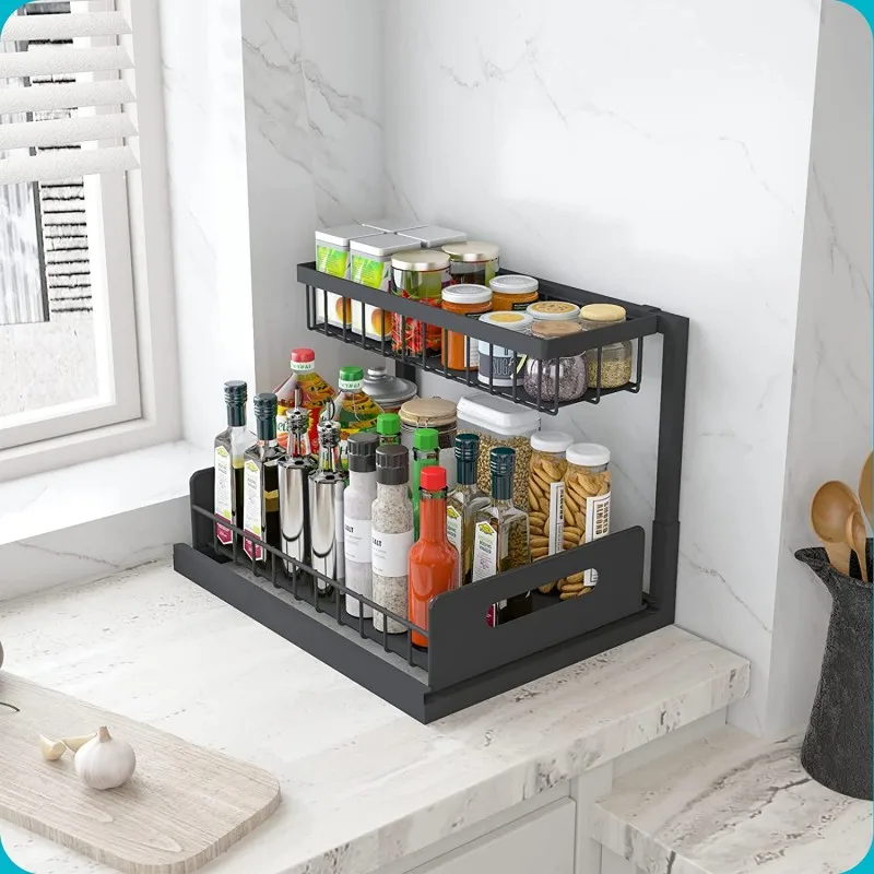 2-Tier L-shape Kitchen Rack Sliding Cabinet Under Bathroom Sink Cabinet Shelf with Drawers Under Sink Organizers and Storage