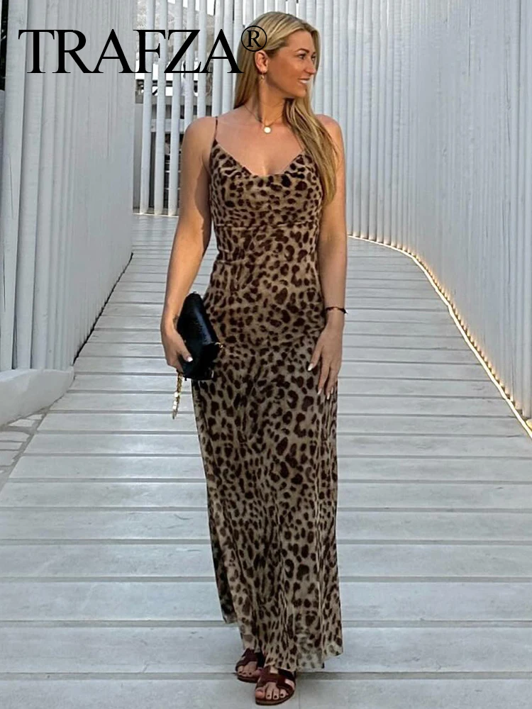 TRAFZA 2024 Women\'s Vintage Leopard Print Halter Dress Sexy Sleeveless Backless Elegant Long Dresses Party Party Slim Dresses