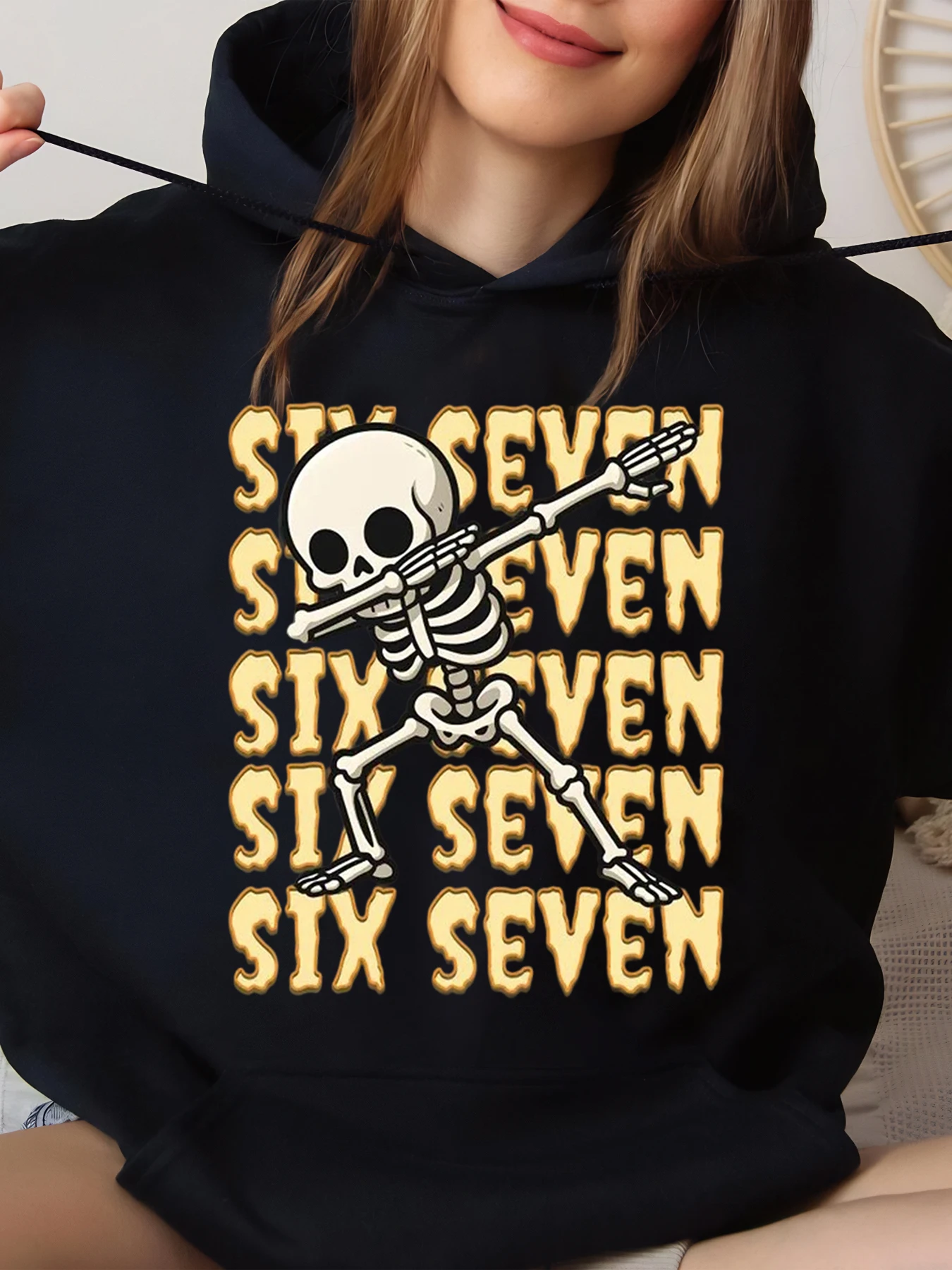 

Skeleton Dabbing Six Seven Print Halloween Hoodie for Casual Wear Black Large Size