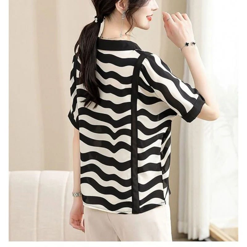 Summer New Spliced Stripe Turn-down Collar Pullovers Short Sleeve Simplicity Casual Loose Versatile Elegant Chiffon Women\'s Tops