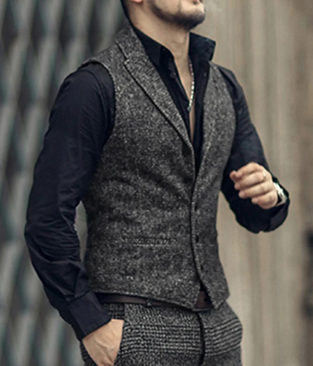 Grey Mens Suit Vest Lapel V Neck Wool Herringbone Casual Formal Business Vest Slim Fit Gilet Waistcoat Groomman For Wedding