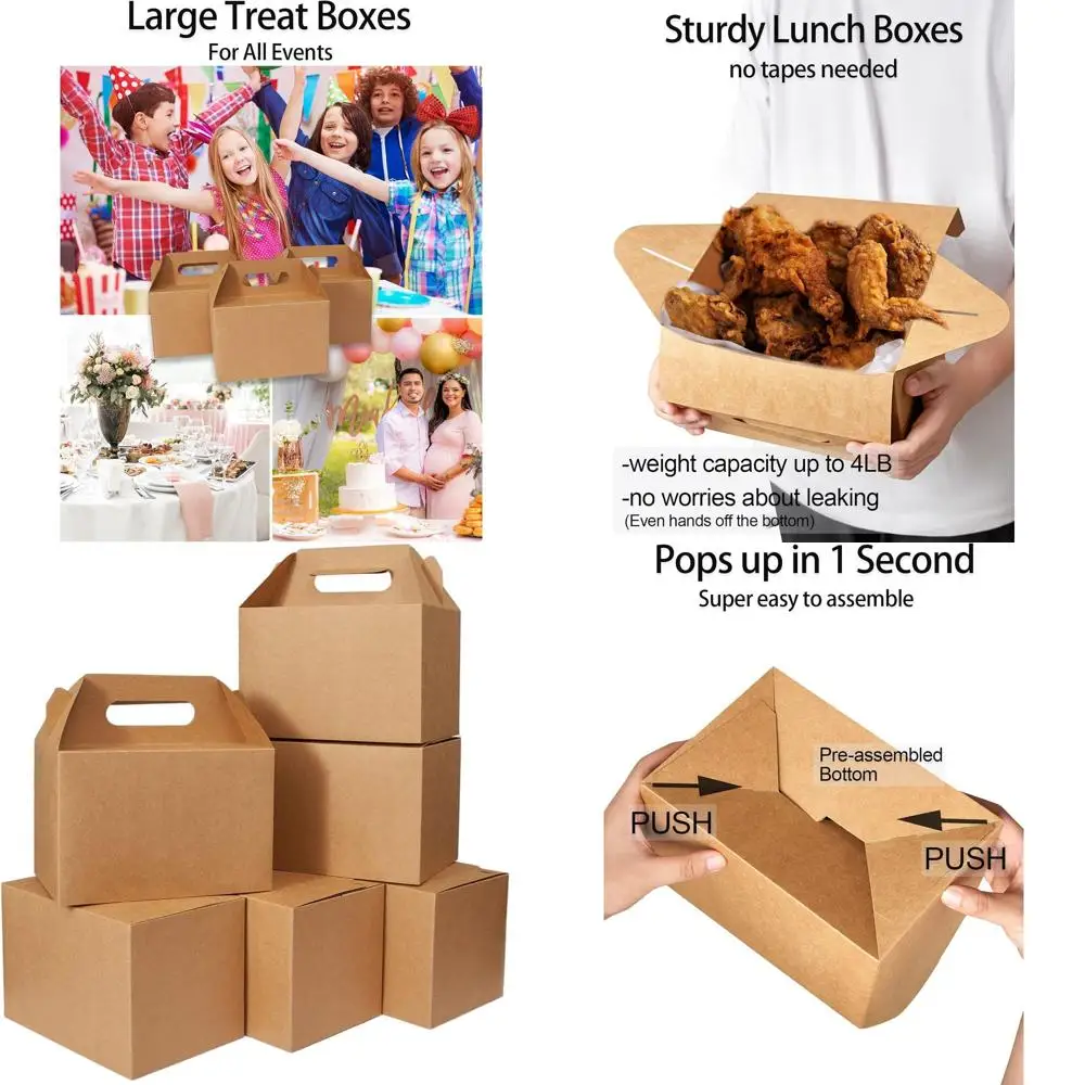 

50 Pack Large Kraft Brown Gable Boxes with Handles, 9x6x6, Ideal for Party Favors, Birthdays, Baby Showers, and Recyclable Lunch