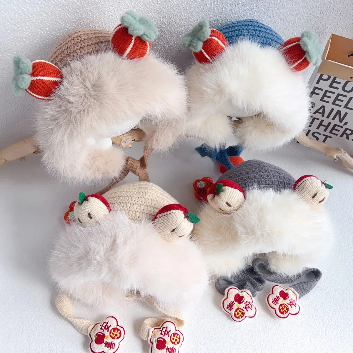 Chinese-style Plush Warm Cap for Children Cute Knitted Hats Outdoor Warm Earflap Beanie for Boys Girls New Year Gifts for Kids