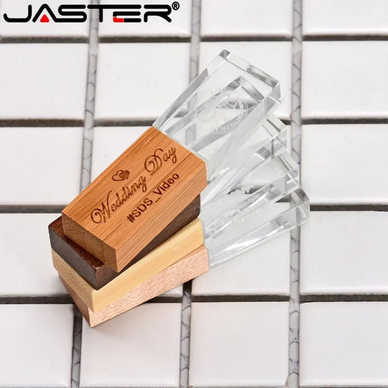 Crystal USB Flash Drives 128GB Free Custom Logo Memory Stick Photography Wedding Gift Pen Drive 64GB Wooden Box Pendrive 32GB