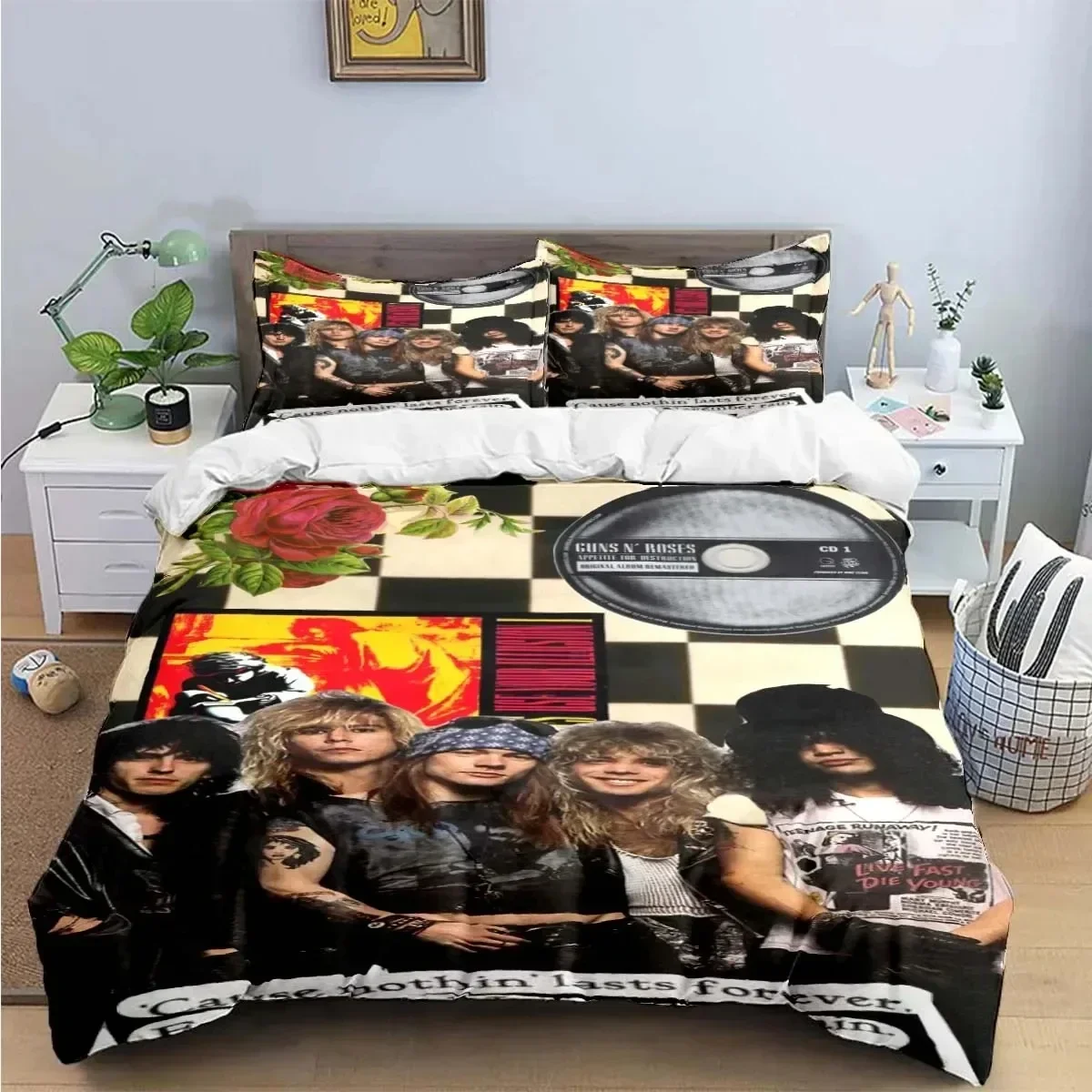 Juego de Ropa de Cama con Estampado Retro de la Banda Guns N' Roses, Funda de Edredón, Funda de Almohada, Sábanas, Tamaños Queen y King