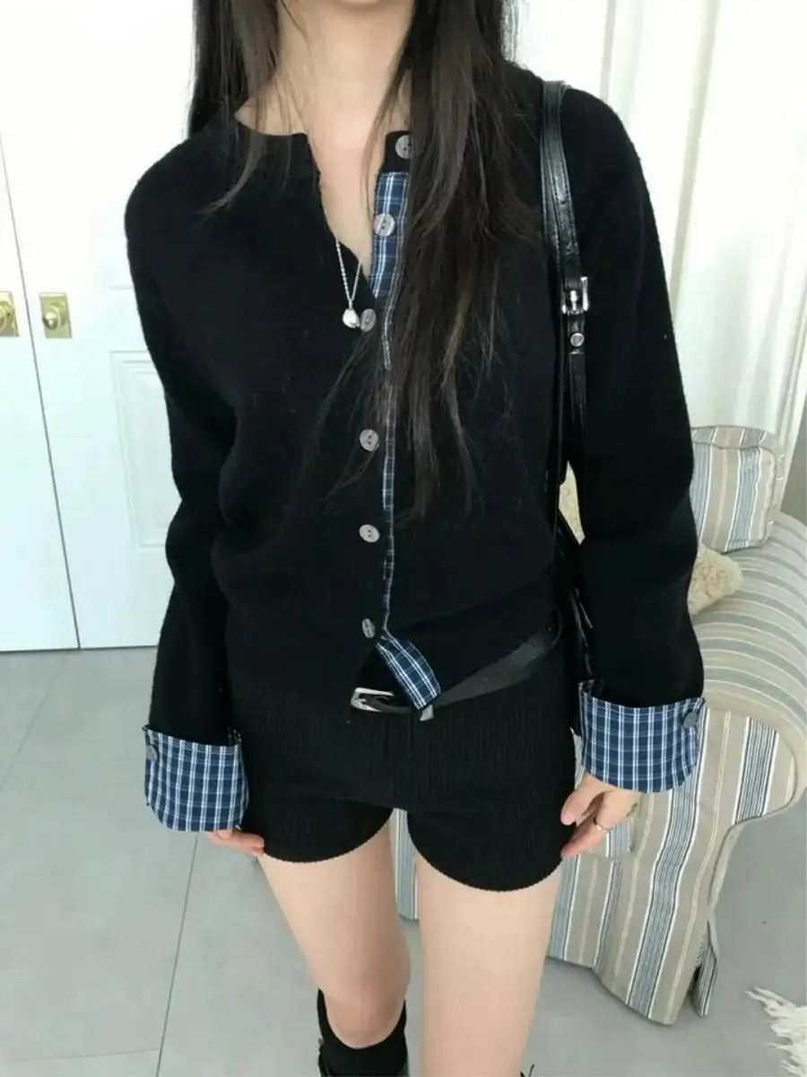 

Вязаный кардиган в клетку с вставками, женский, приталенный, винтажный, теплый, с длинными рукавами, стандартный крой, верхняя одежда