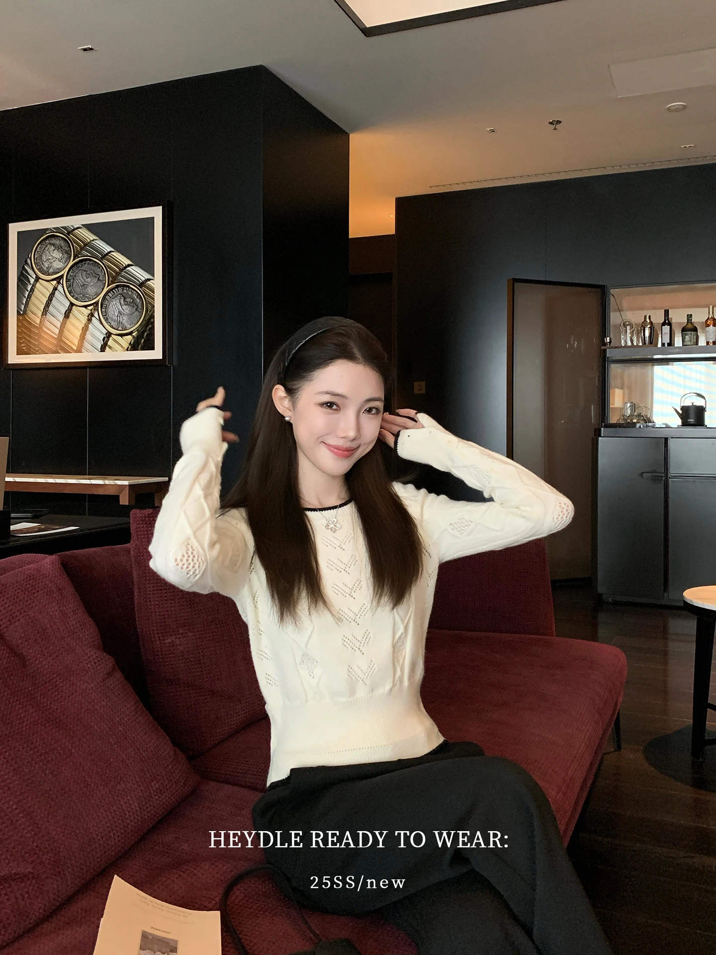 

Ele Bla Bean Hummingbird Knitted Top with Color Blo Alan Weave round Ne Split Hem Long Sve Casual Faion for Women