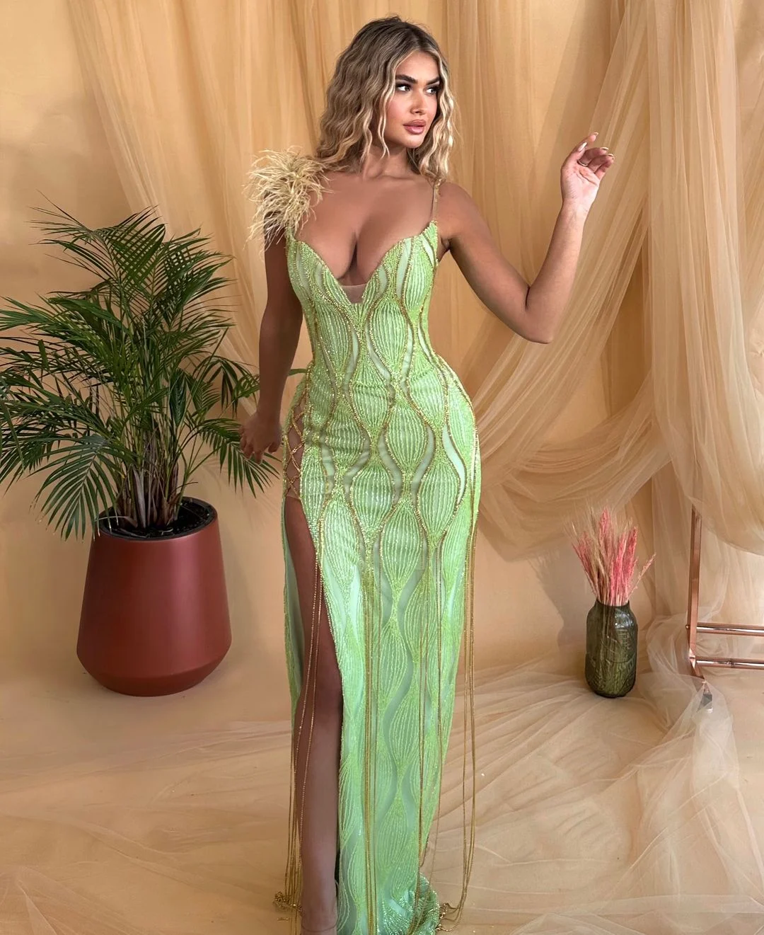 Women's Sage Green Sequin Bandage Dress Feather Trim Deep V Neck High Slit Mermaid Evening Gown Formal Party Wear