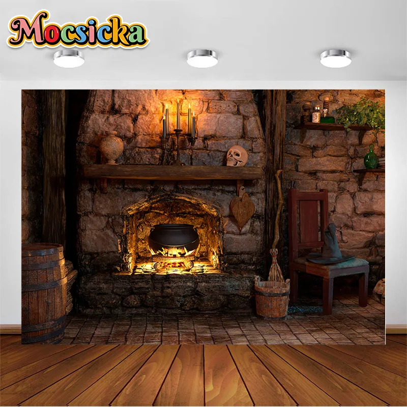 

Halloween Photo Background Fireplace Pumpkin Barrel Stone Wall Family Friends Party Decoration Banner Photography Studio Props