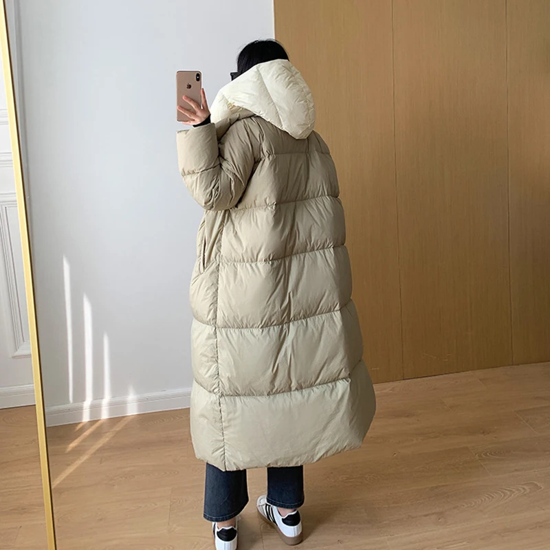 Long Women\'s Duck Down Coat Winter Oversized Luxury Warm Hooded Patchwork Puffer Jacket 2023 Desinger Female Fluffy Outwear