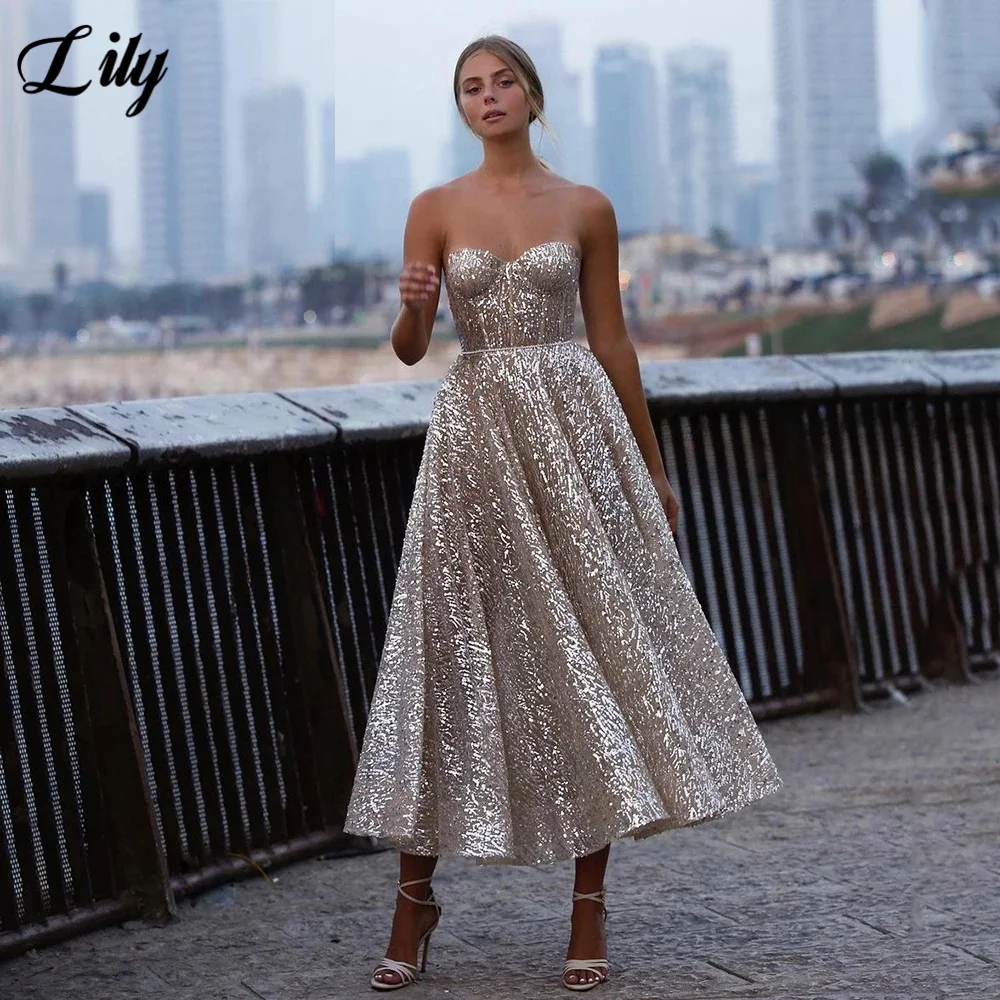 

Lily Gold Sexy Prom Dresses Sweetheart Strapless Prom Gown Shiny Sequins Formal Gown with Backless robes de soirée Customized