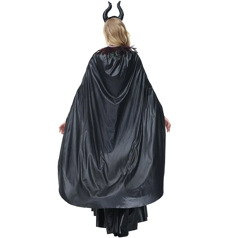 Evil Queen Cosplay Black Long Witch Dress for Adult Women Maleficent Christening Gown Costume with Horns Halloween Party Cosplay