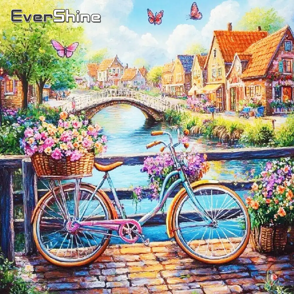 Evershine 5D Fahrrad Diamant Malerei Landschaft Geeignet für Anfänger DIY Haus Diamant Mosaik Brücke Landschaft Einzigartiges Geschenk
