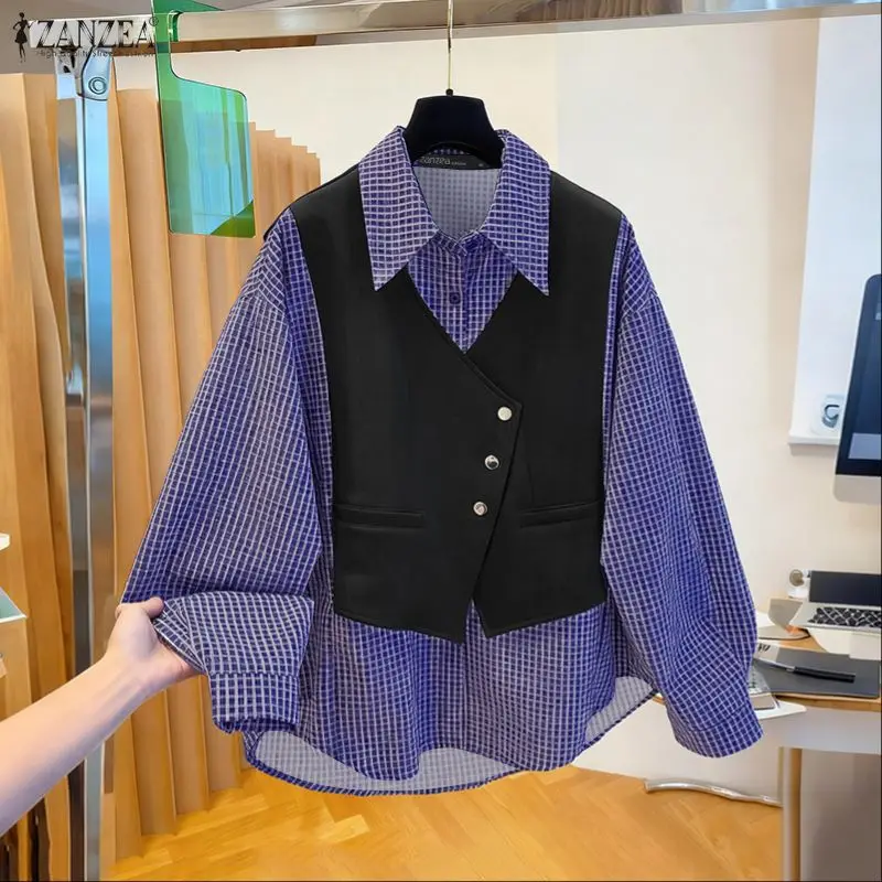 

ZANZEA Women Fashion Long Sleeve Shirts Plaid Blouse 2026 Spring Patchwork Tops Lapel Buttons Casual Loose Female Blusas Street