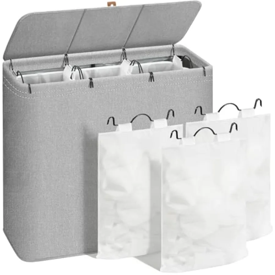 

Тройная корзина для белья с крышкой, 180 л, высокая, с металлическим каркасом, со съемным мешком, большая корзина для одежды с ПУ-этикеткой