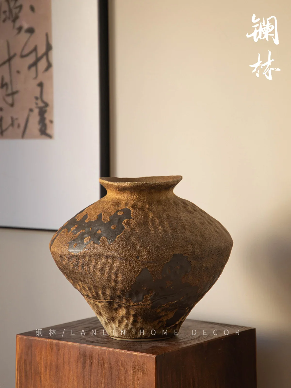 Vase coarse pottery ceramics new Chinese style simple and modern high-end retro tea room homestay living room flower arrangement