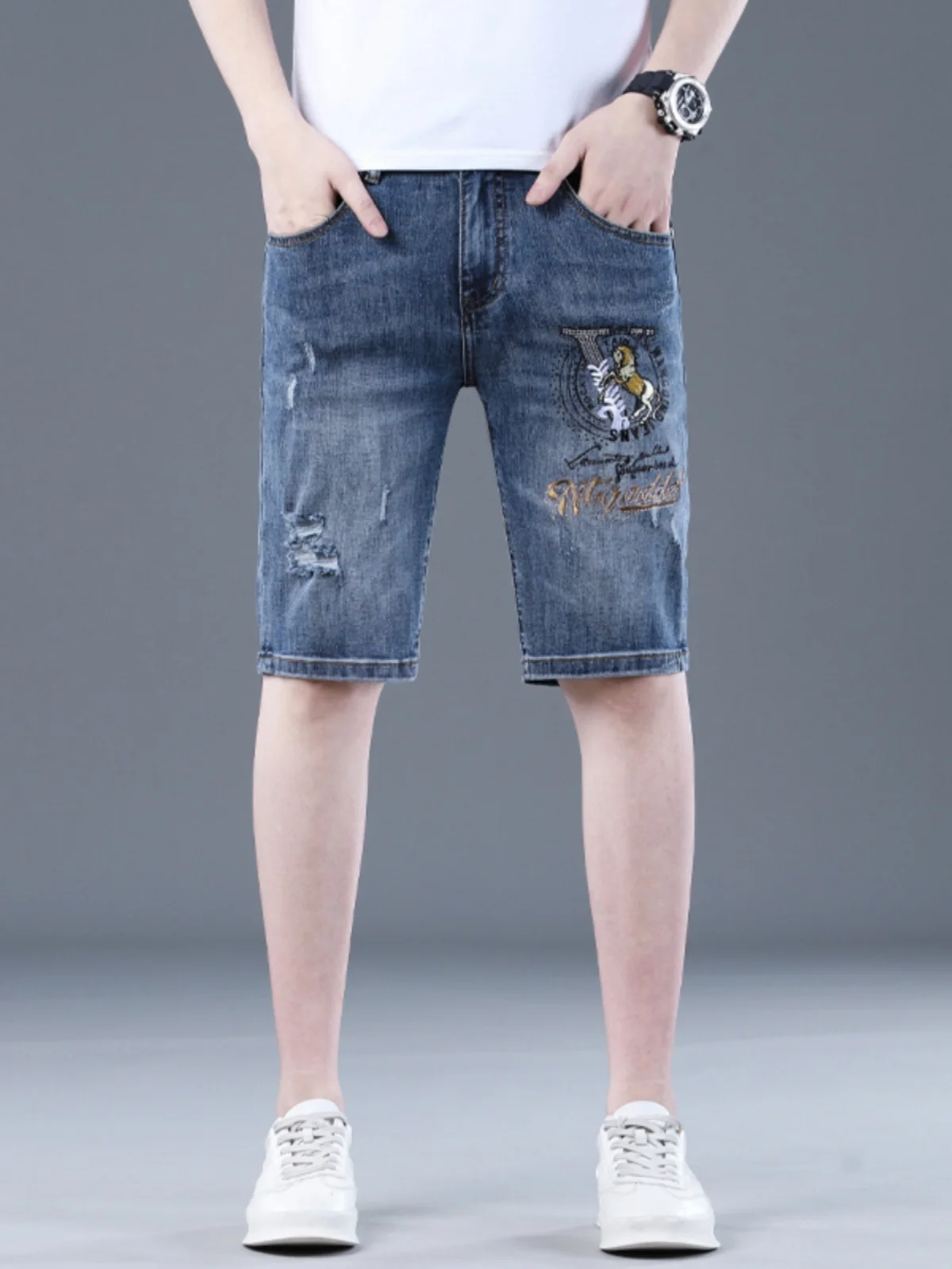 

Мужские летние тонкие повседневные джинсовые шорты из хлопка с эластаном, с вышивкой, зауженного кроя, с пятью карманами, молодежные, эластичные, со средней посадкой