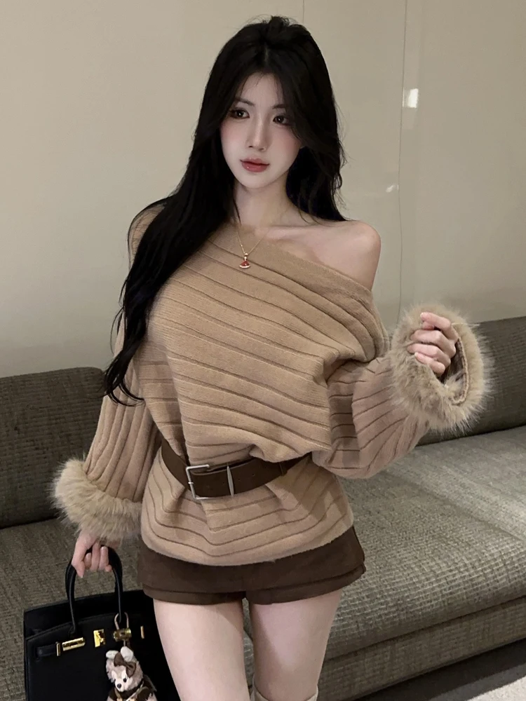 

Женская серая полосатая вязаная блузка на одно плечо, топы, сексуальный свободный пуловер с косым воротником, универсальный зимний модный офисный свитер