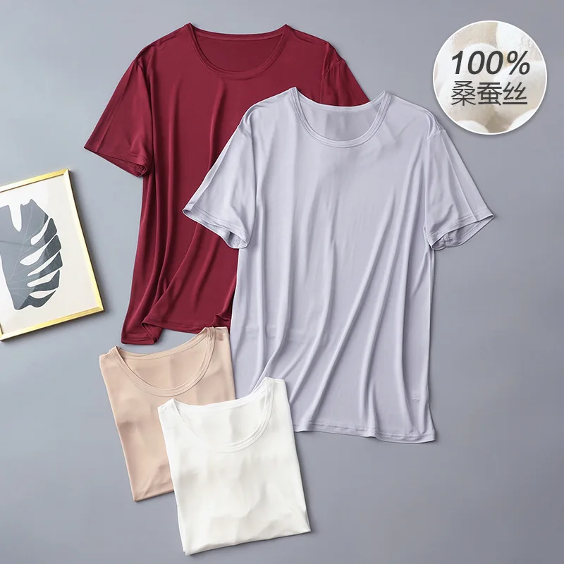 

% Silk Men'S Casual Cultural Shirt Knitted Silk Loose Round Neck Comfortable Breathable Short Sleeve Top Custom Prod