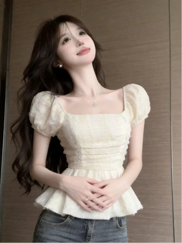 

Elegant Gentle Style Square Collar Bridesmaid Top Women's Lace Mesh Waist Cinched Summer Short Sleeve Casual Color