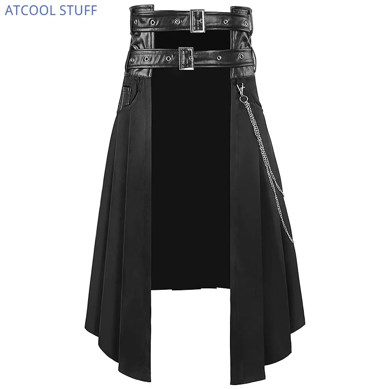 Punk Pleated Skirt Open Front Men\'s Gothic Leather Belt Medieval Roman Warrior Kilt Metal Chian Harujuku Stylish Clothing