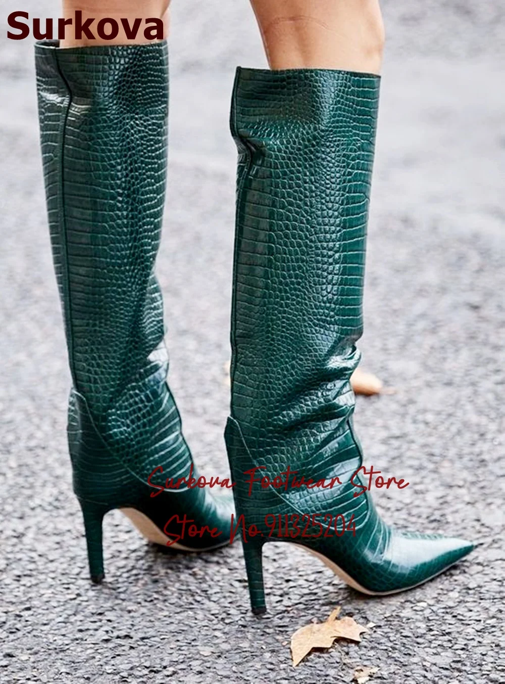 

Surkova Blackish Green Snakeskin Knee High Boots Stiletto Heel Dark Green Crocodile Tall Boots Pointed Toe Sexy Dress Shoes