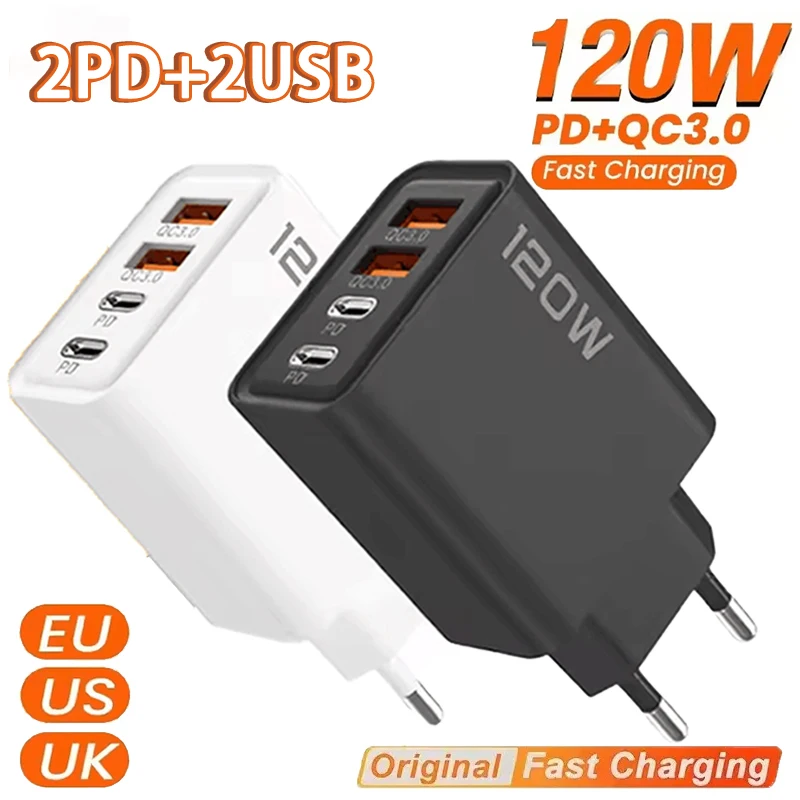 120W Phone Fast Charger 4 Port USB Type C Charger Fast Charging Quick Charge 3.0 Adapter For iPhone Samsung Huawei 2025