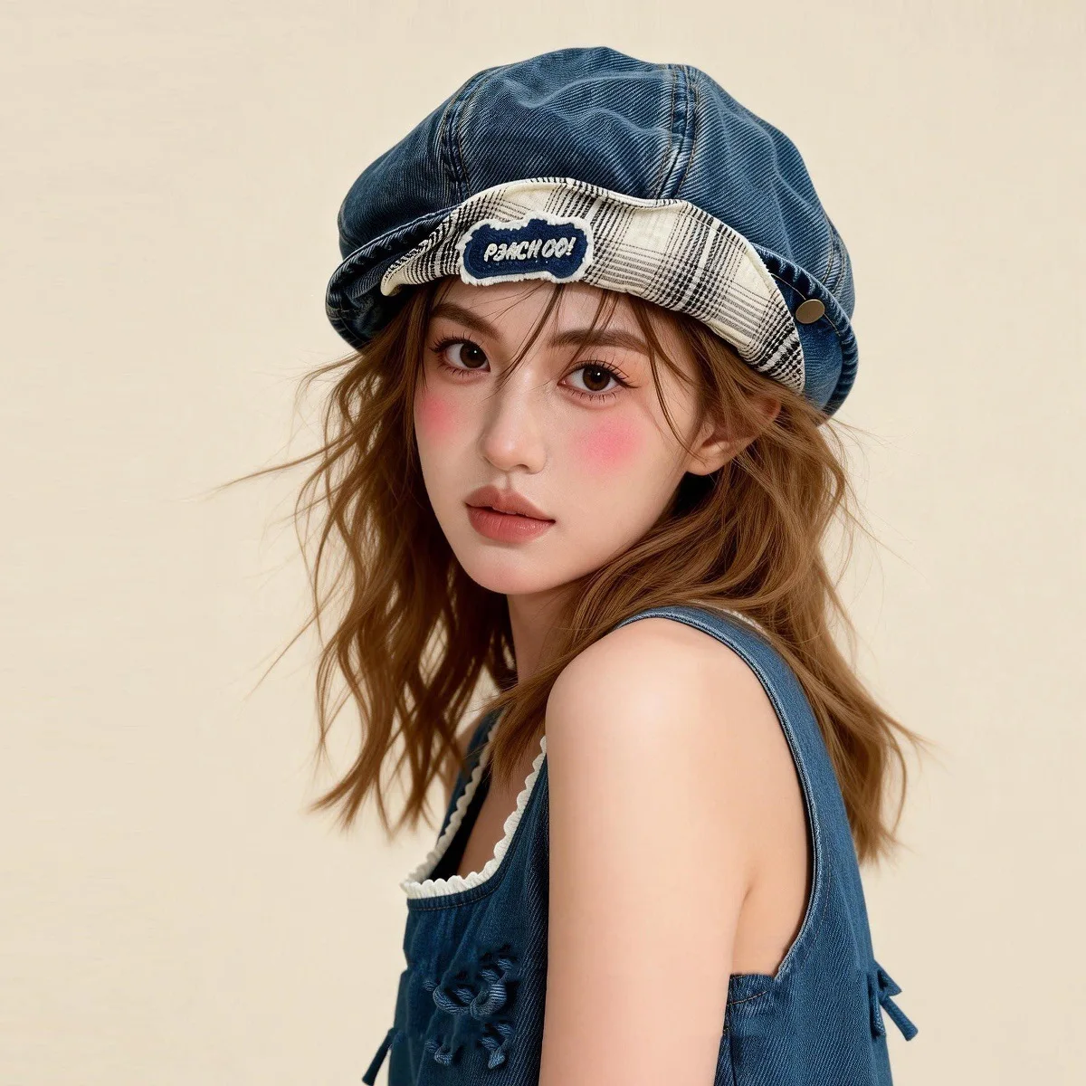 

Women Denim Beret with Plaid Brim Vintage Jean Painter Cap Stylish Women's Casual Fashion Beret Hat