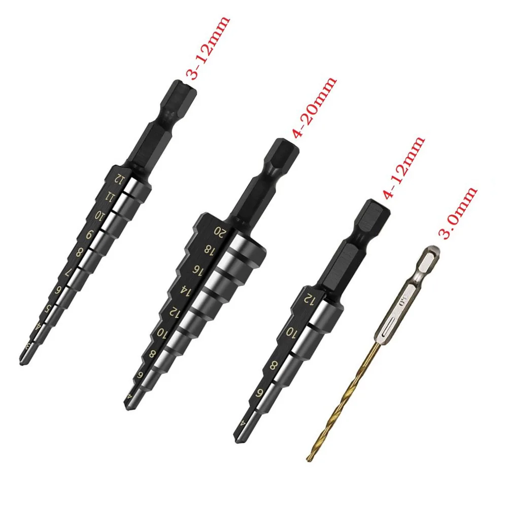 Robust Nitrogen Coated Straight Groove Step Drill Bit Set 3 12mm 4 12mm 4 20mm Hole Cutters for Long Lasting Performance