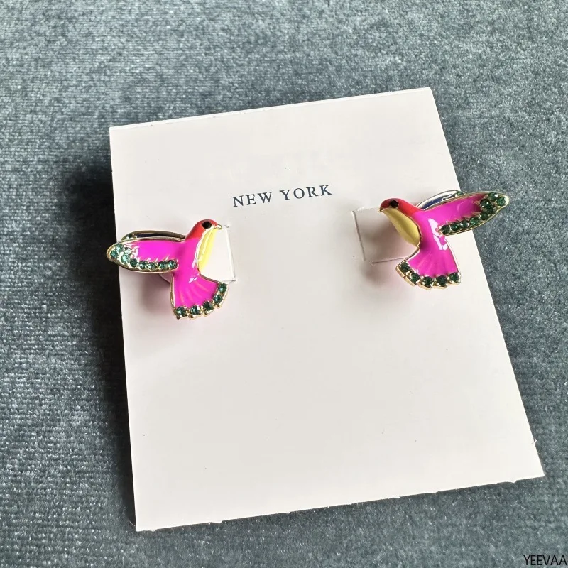 YEEVAA Colorful Enamel Pink Cubic Zirconia Inlaid Hummingbird Short Necklace&Earrings