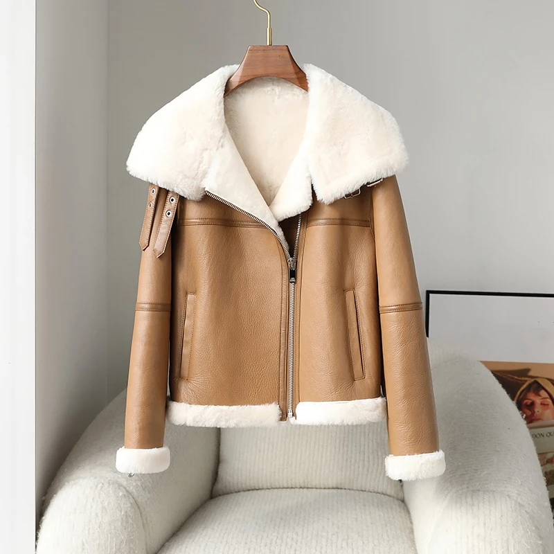 

PUDI Fashion Genuine Leather Winter Warm Jacket With Real Sheep shearing Lining New Design Coat CT331