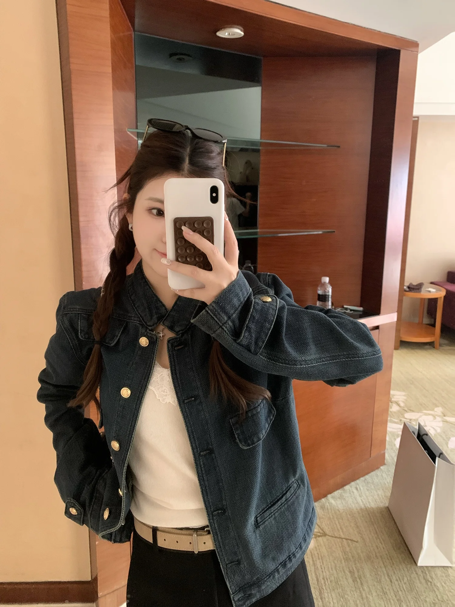 

Y Studio Women's ort Denim Jaet Stand Collar Button Closure Long Sve Autumn Faion Sensation Vintage Sle