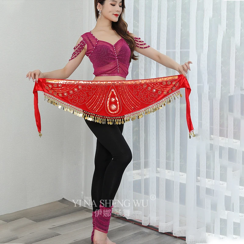 Grânulo bordado dança do ventre hip cachecol 6 cores feminino oriental dança do ventre moedas cinto lição usar prática traje decoração