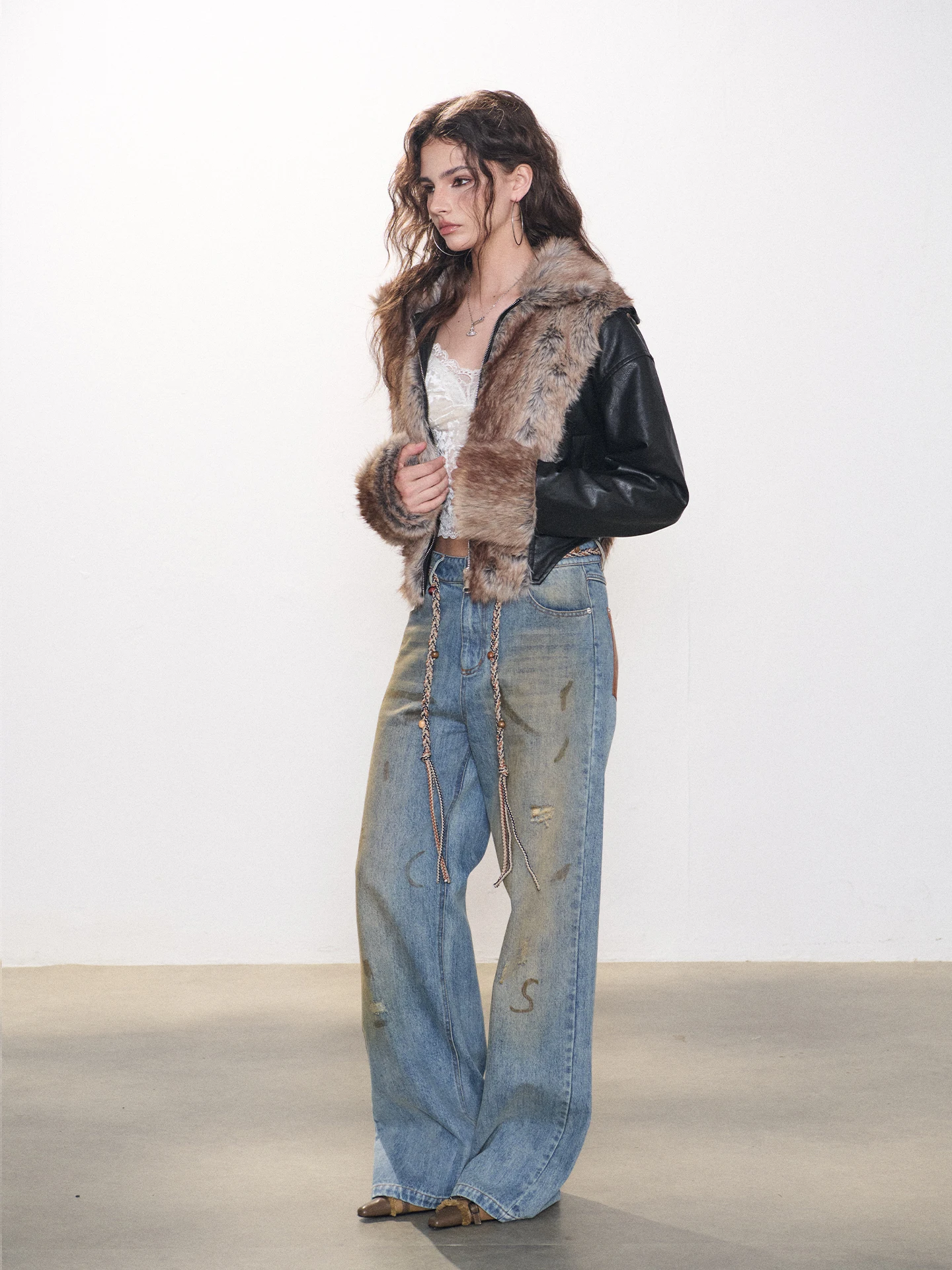 구스피어 오리지널 디자인 빈티지 워싱 루즈핏 여성 와이드 레그 진 잉크 스플래시 캐주얼 하이웨이스트 코튼 롱 팬츠