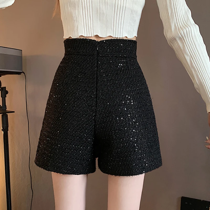 HELIAR Women Tweed Buttons Casual Shorts High Waist A-line Office Elegant Shorts Female Irregular Shorts Spring Summer Pants