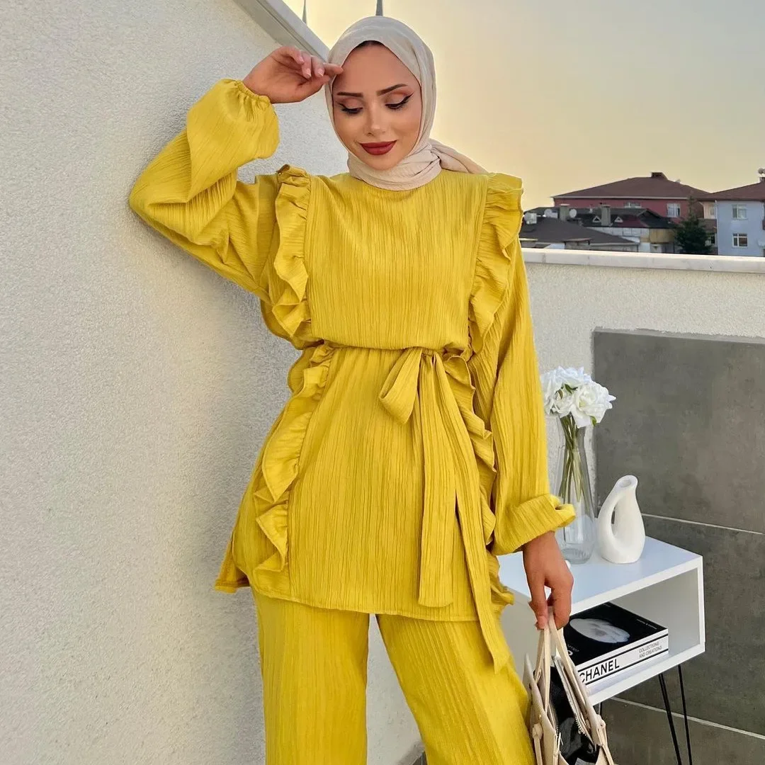 Women Eid Muslim Sets Two Pieces Kaftan Islam Ensemble Blouses Solid Ruffles Belt Wide Leg Pants Arab Casual Loose Pleated