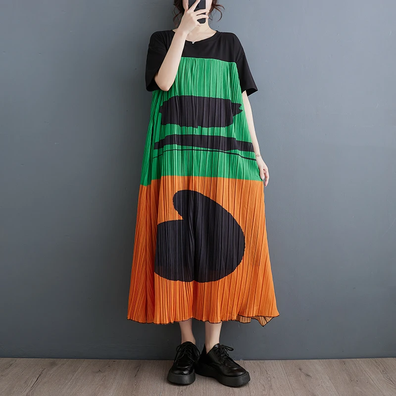 فستان صيفي جديد فضفاض بمقاس كبير مع طباعة وتصميم فني، فستان أنيق بأسلوب تنورة مميز مصنوع من مزيج البوليستر والقطن