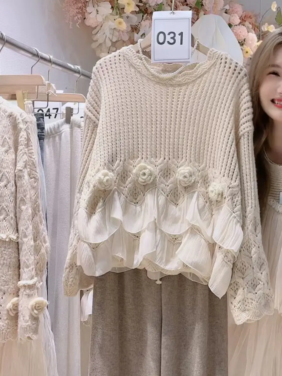Vintage متماسكة سترة طويلة الأكمام كشكش الدانتيل متابعة الخريف بلوفر شتوي المرأة بلوزات قصيرة شيك س الرقبة ثلاثية الأبعاد زهرة البلوز الحلو جديد #5