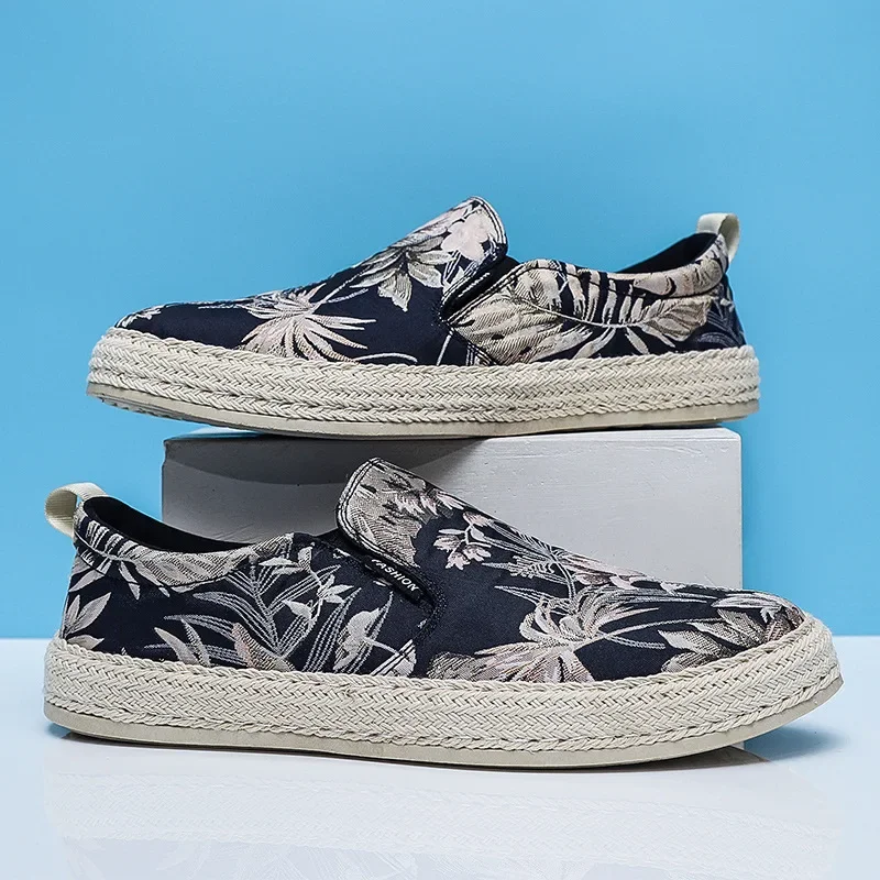 Summer New Breathable Fabric Slip-on Loafers Sneakers Casual Shoes Men Low Top Flower Print Canvas Men's Shoes Adult