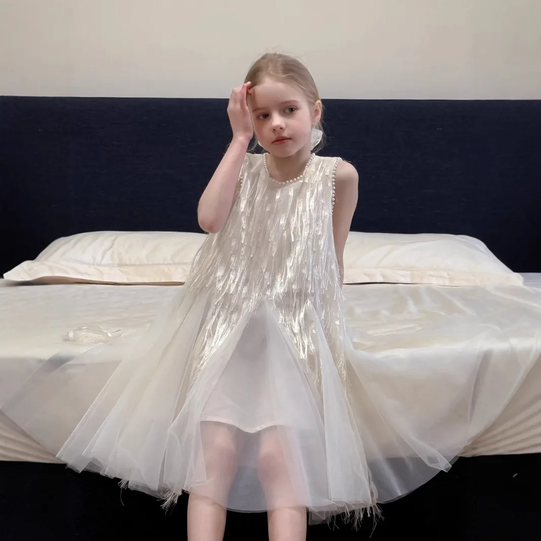 

Children Clothing Korean 2025 Girls Summer New Tassel Pearl Vest Dress Little Girl Princess Mesh Dress Trend