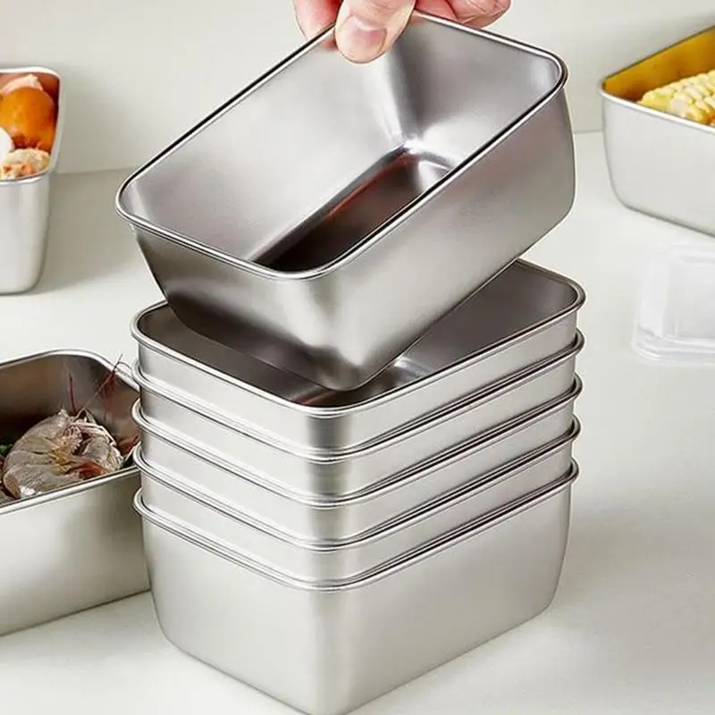 Stainless Steel Square Plate With Lid Rectangle Food Storage Serving Trays Airtight & Leakproof Food Container Kitchen Organizer