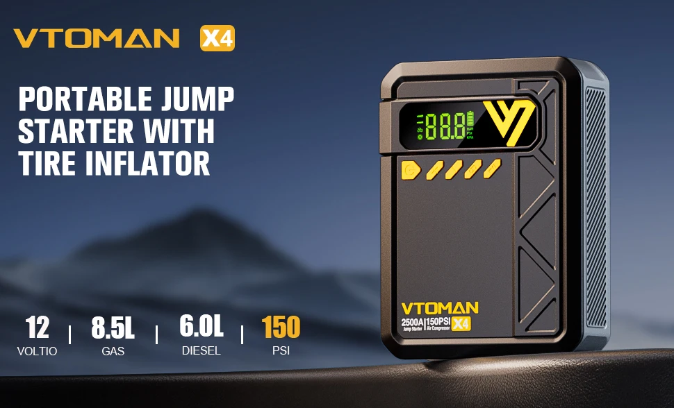 VTOMAN X4 2500A Auto-Starthilfe, 150 PSI, Luftpumpe, Autobatterie, Notfall-Booster, Startgerät, Auto-Starter für 8,5 l/6,0 l – Detail 1