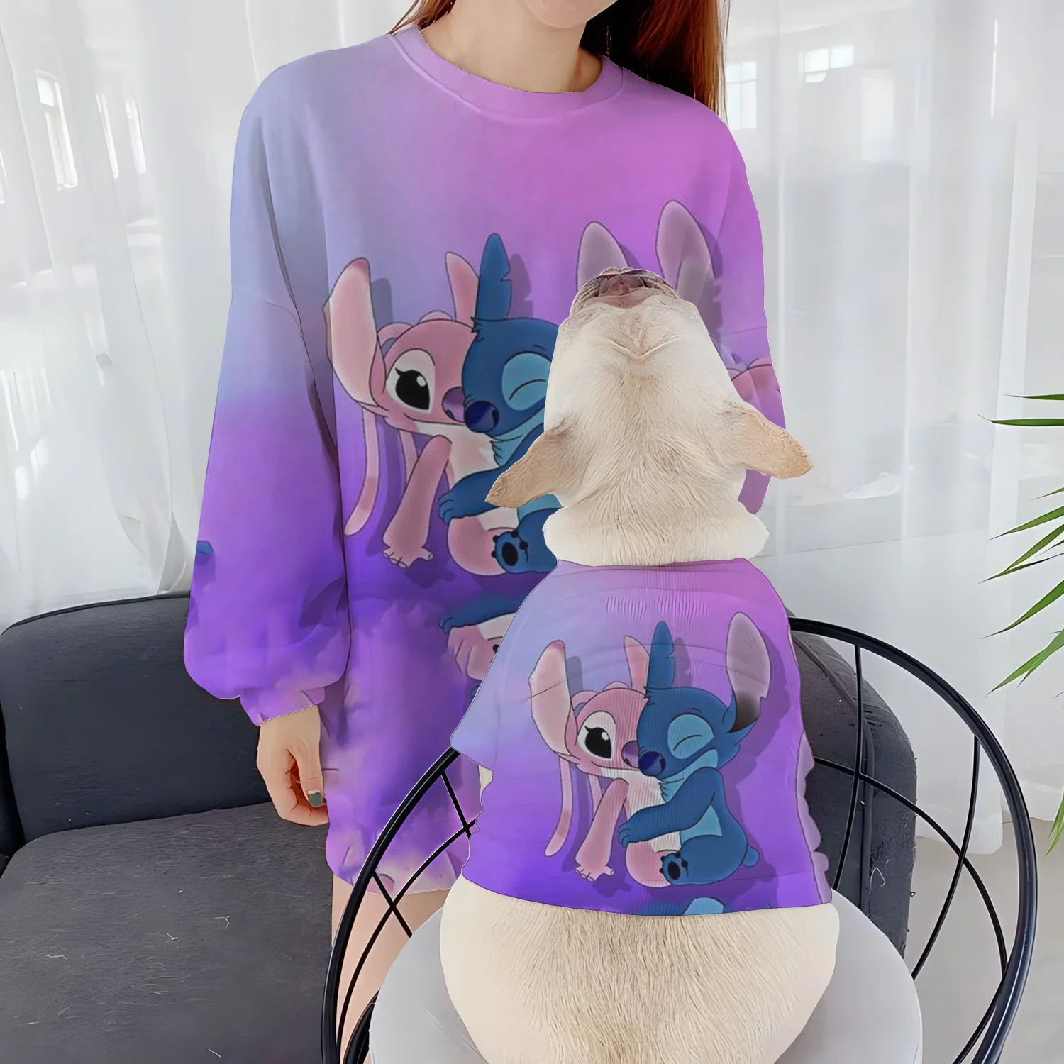 Parent-Child Clothes Casual Sweatshirts Round Neck Stitch Women's Clothing Pet Pullover Disney Long Sleeve Autumn Winter Puppy